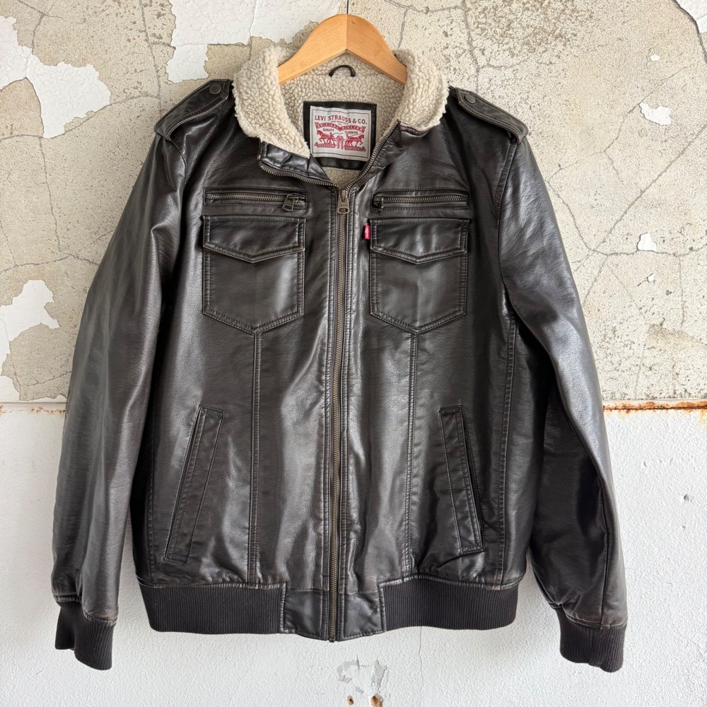 Levis Bomber Jacket Faux Leather Sherpa Lined Trucker Coat Mens Large Military